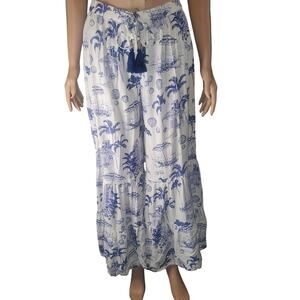 True Destinations Coastal Toile Palazzo Pant Blue White Resort Wide Leg Tassel L